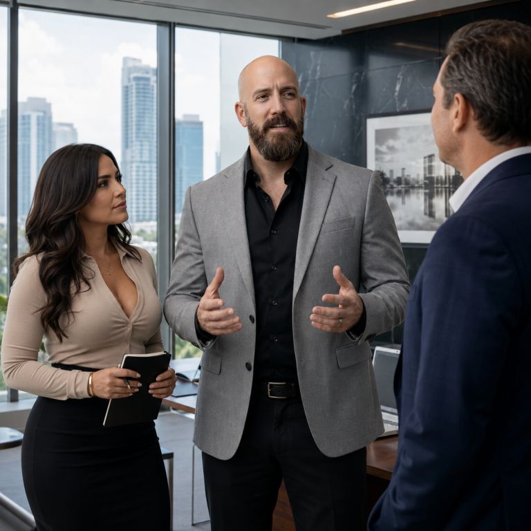 Michael Ligon speaking with an assistant and investor in his Space Coast office