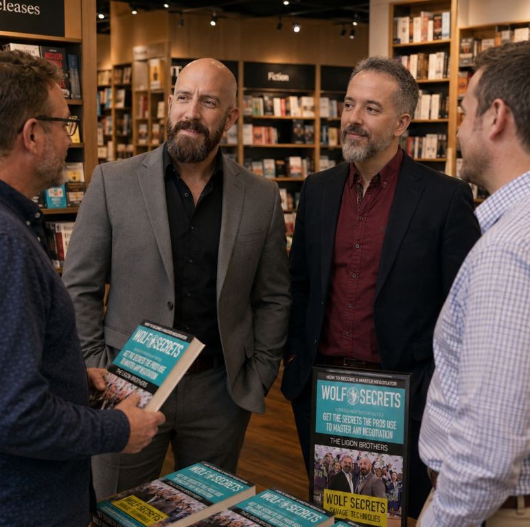 Michael Ligon speaking with a reader at a book signing