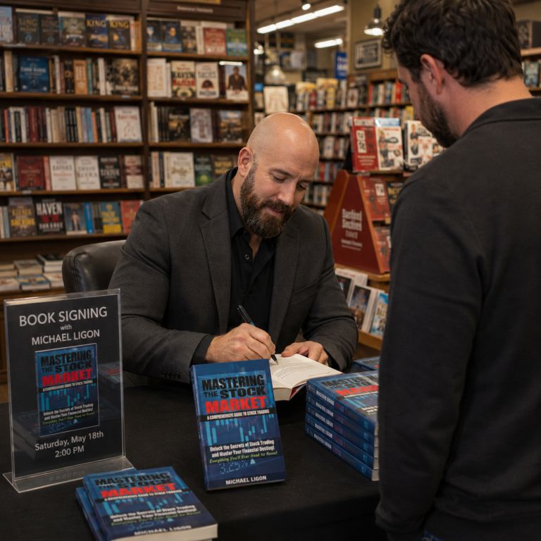 Michael Ligon signing a copy of Mastering The Stock Market at a book signing