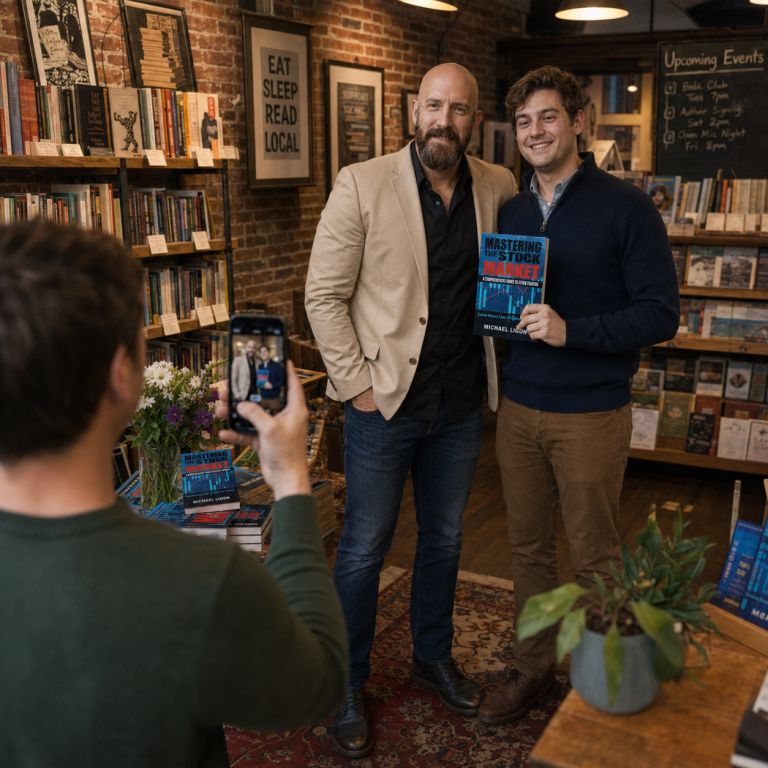 Michael Ligon with a reader at a Mastering The Stock Market book signing