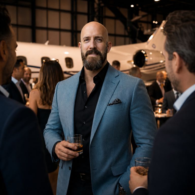 Michael Ligon at a private media event in a hangar with a private jet