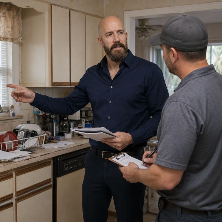 Michael Ligon reviewing a probate property with a handyman before discussing next steps