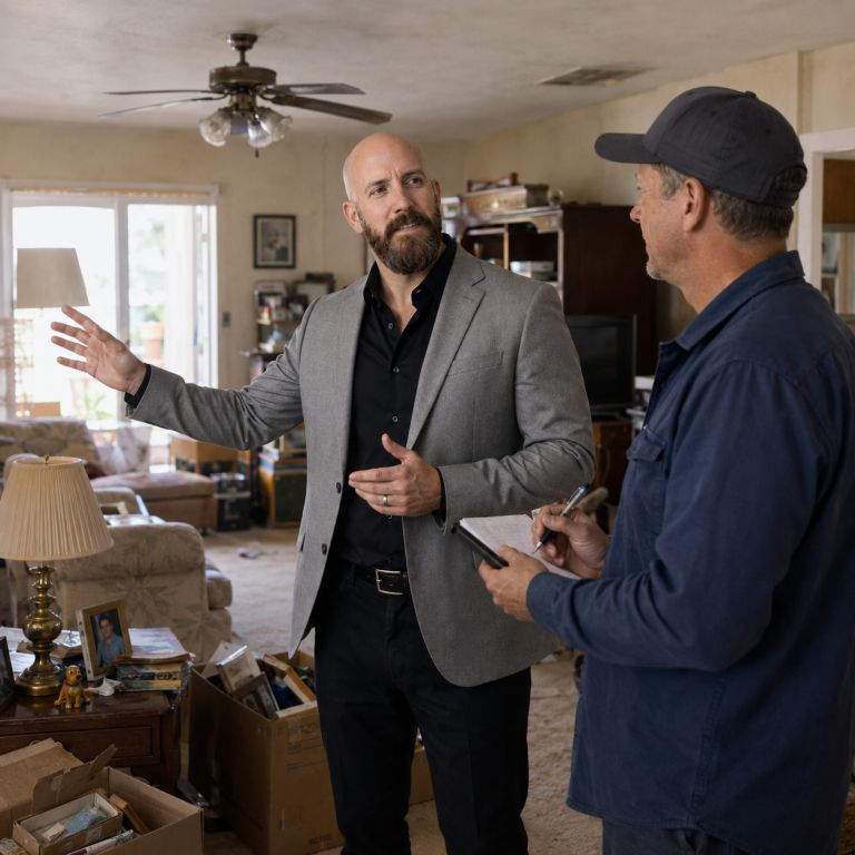 Michael Ligon reviewing an inherited home with a contractor before discussing property options