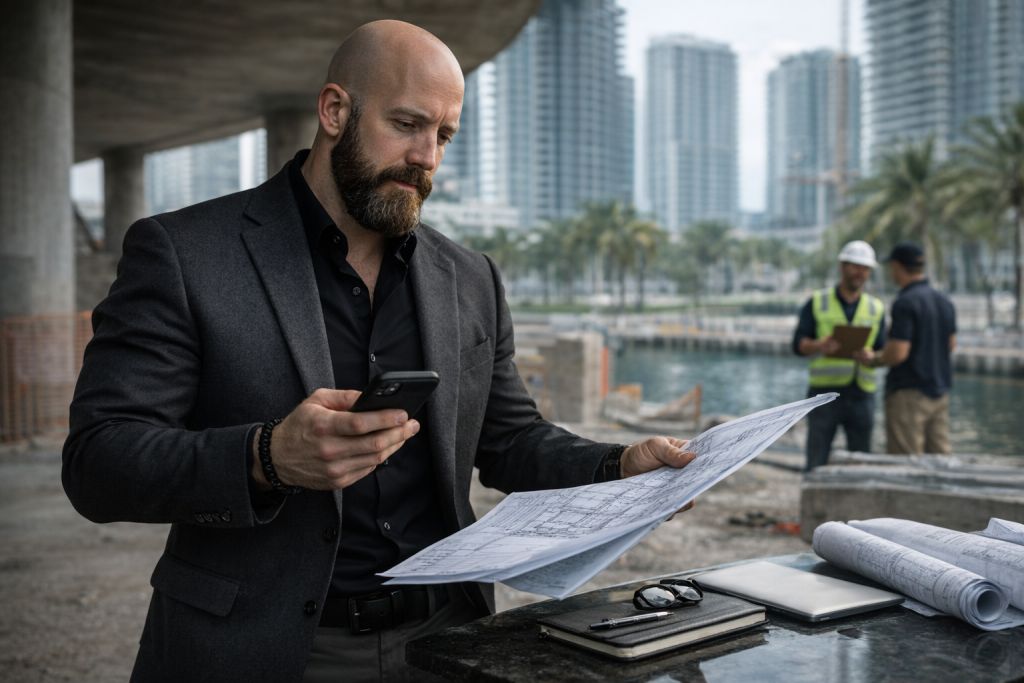 Michael Ligon reviewing real estate development blueprints
