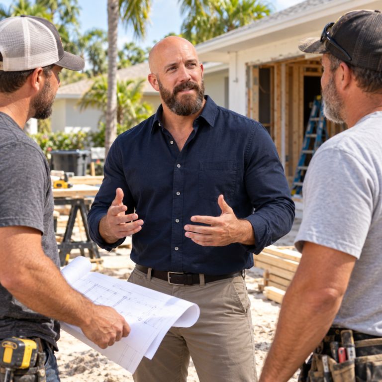Michael Ligon speaking with Florida contractors during a remodeling project